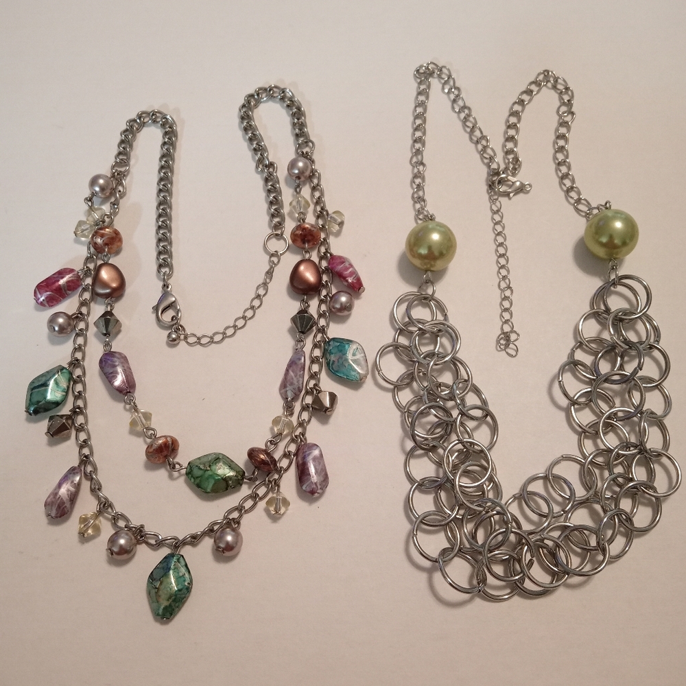 #651.  2 Piece Multi Colored & Faux Green Pearl Necklace Bundle